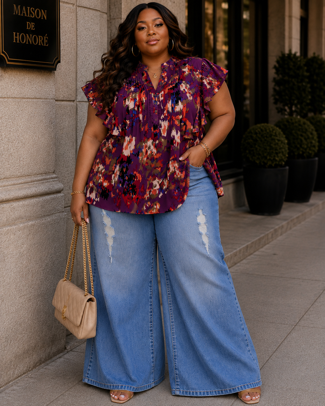 PLUS SIZE MULTI PRINTED RUFFLE SLEEVE TOP