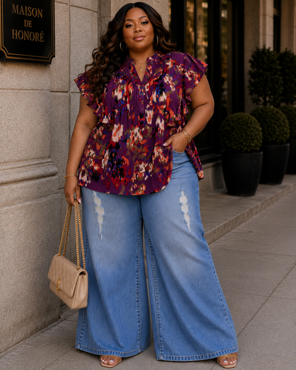 PLUS SIZE MULTI PRINTED RUFFLE SLEEVE TOP