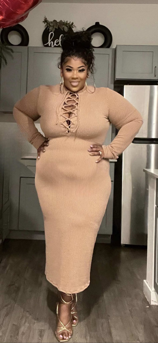 PLUS SIZE RIBBED CAGED TIE LONG SLEEVE BODYCON DRESS-08