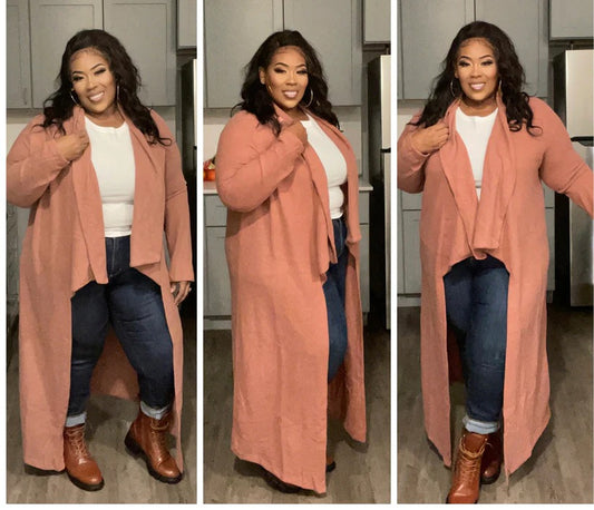 PLUS SIZE OPEN FRONT DRAPED CARDIGAN-RUST