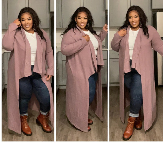 PLUS SIZE OPEN FRONT DRAPED CARDIGAN-PALE MAUVE