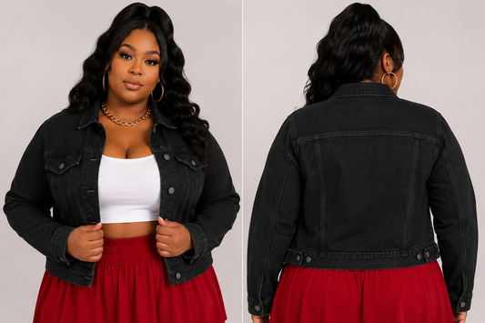 PLUS SIZE DENIM JACKET-BLACK-52