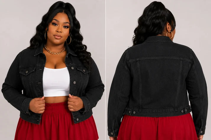 PLUS SIZE DENIM CROP DESTRUCTED JACKET-BLACK DENIM-52