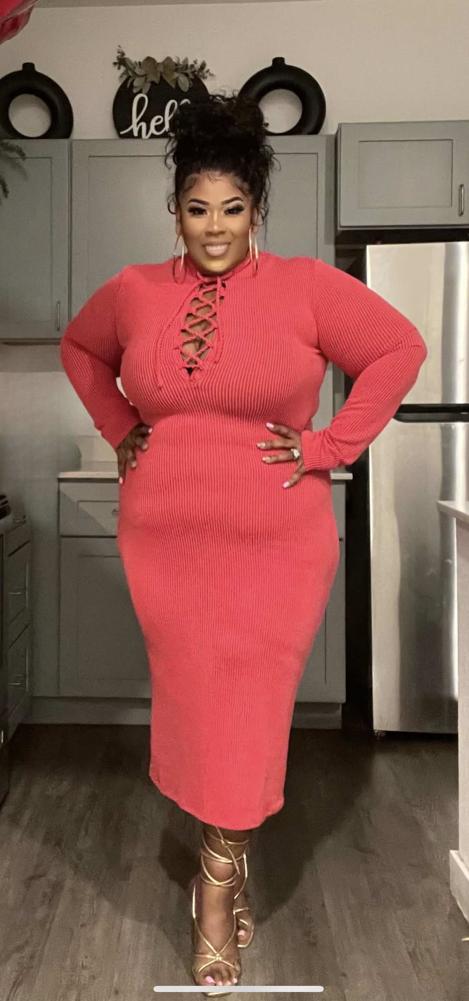 PLUS SIZE RIBBED CAGED TIE LONG SLEEVE BODYCON DRESS-08