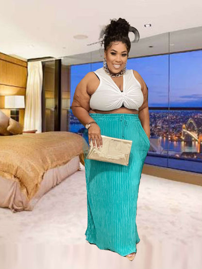 PLUS SIZE CRINKLED TEXTURE BODRE SKIRT W/POCKETS-JADE