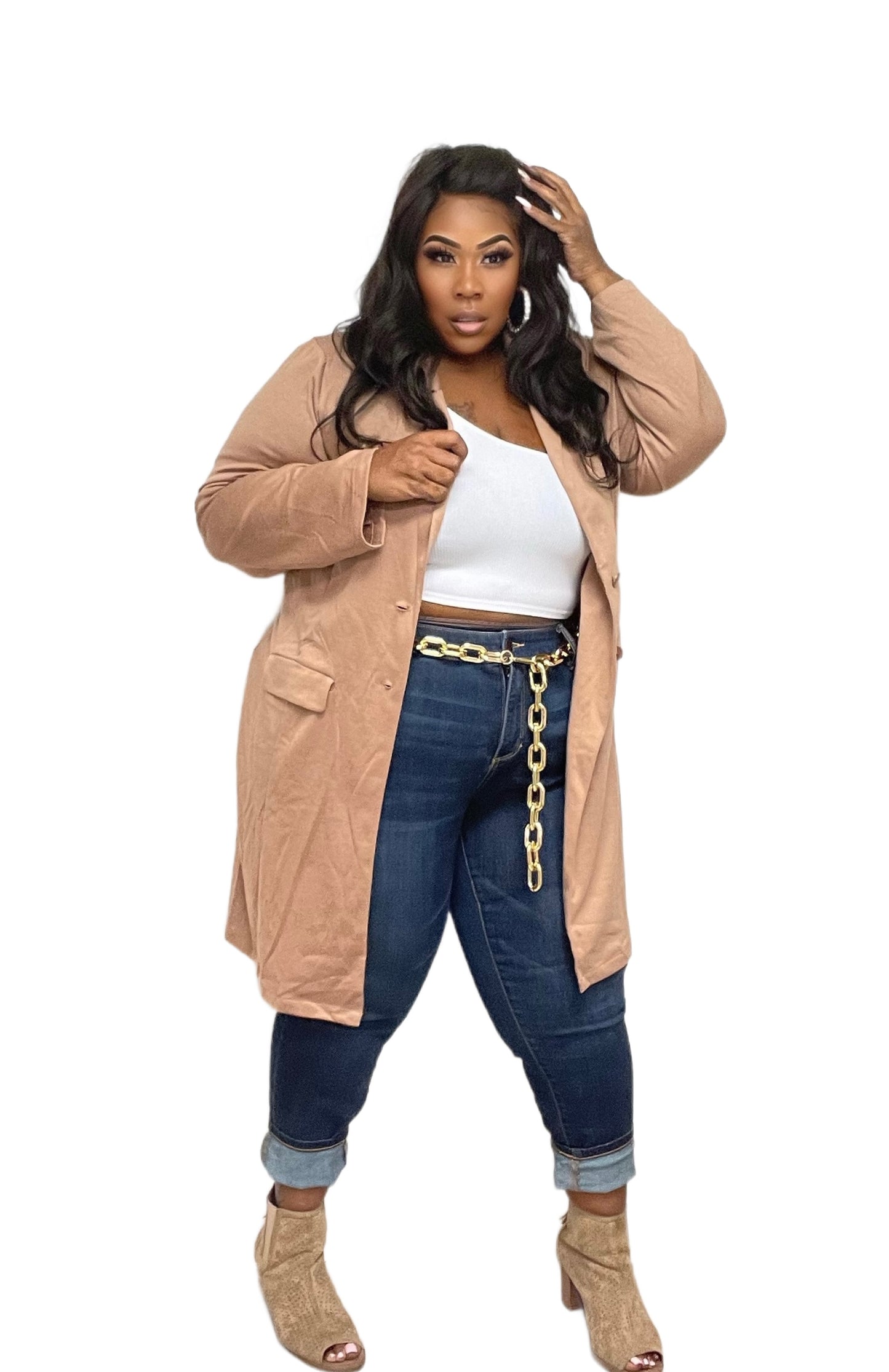 PLUS SIZE LONG DOUBLE BUTTON BLAZER/JACKET-KHAKI