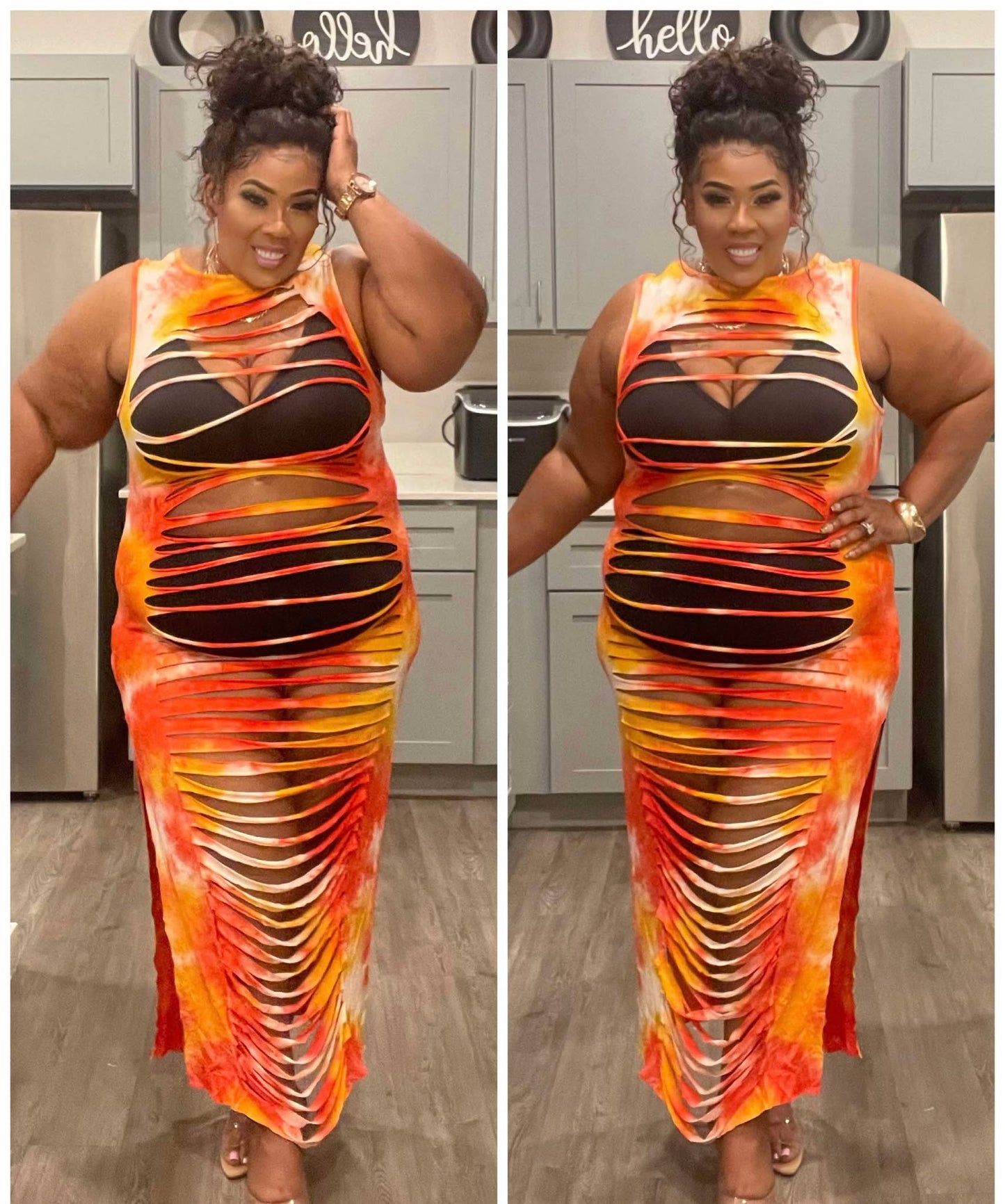 PLUS SIZE SLICED TO PERFECTION TOP, DRESS, COVER UP-ORANGE/YELLOW MIX