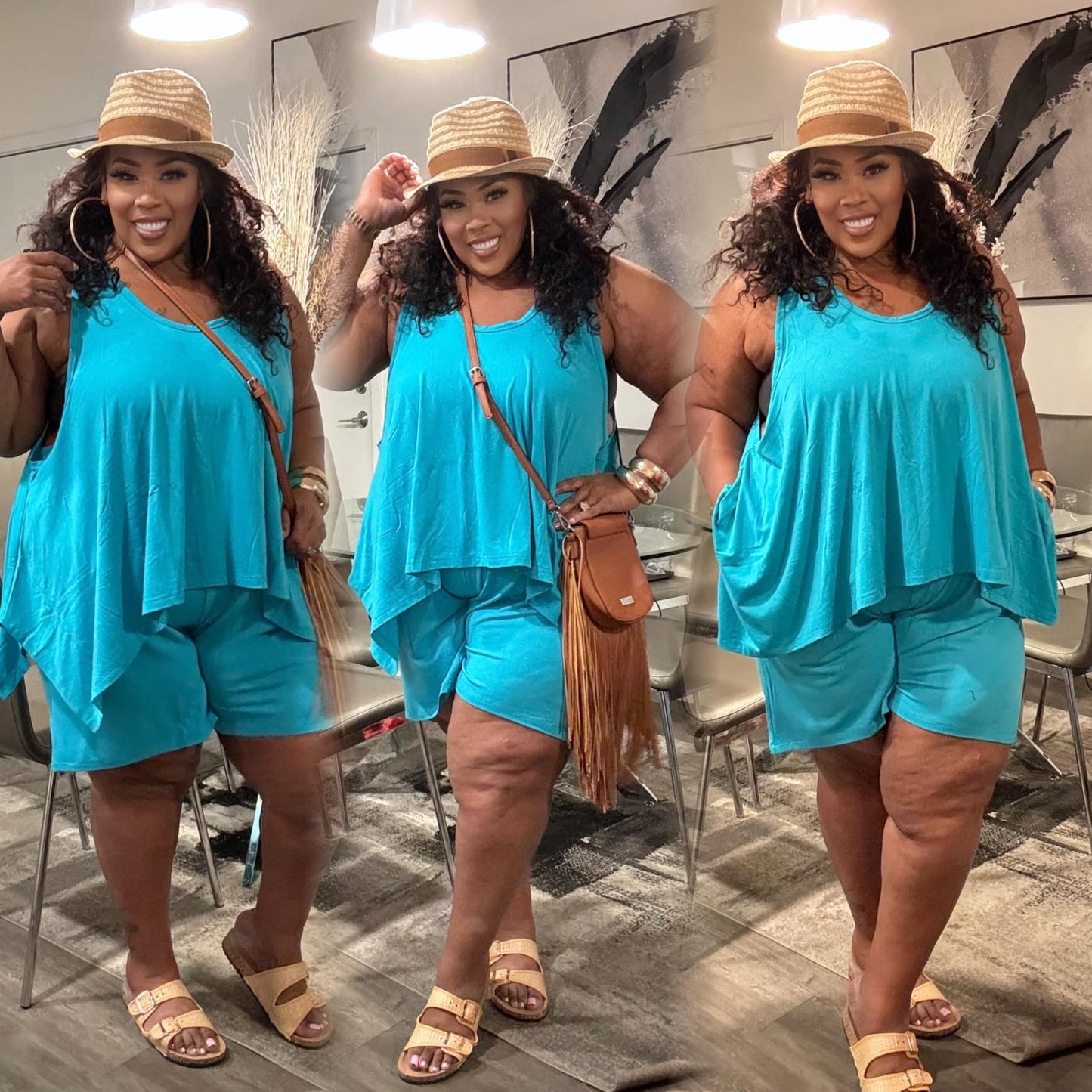 PLUS SIZE SITTIN PRETTY 2-PIECE LOUNGE SHORT SET-BOSS BLUE