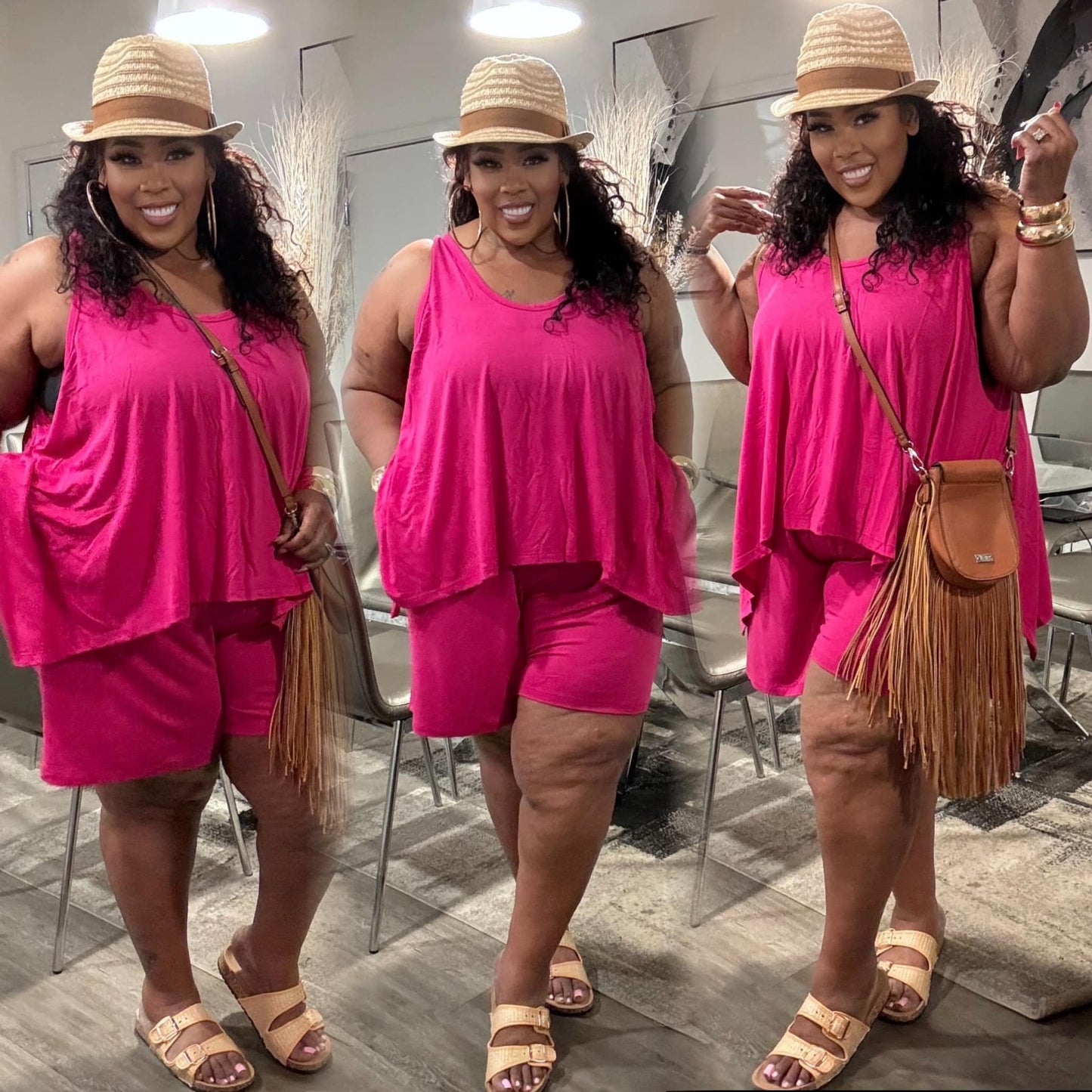 PLUS SIZE SITTIN PRETTY 2-PIECE LOUNGE SHORT SET-MAGENTA