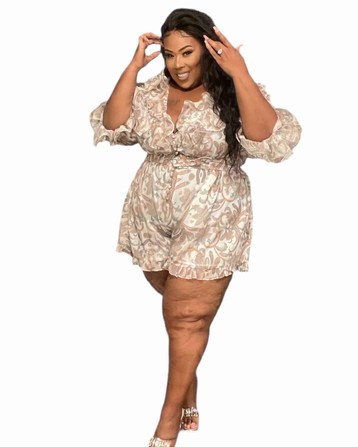 PLUS SIZE PAISEY PRINTED RUFFLED SHORT ROMPER