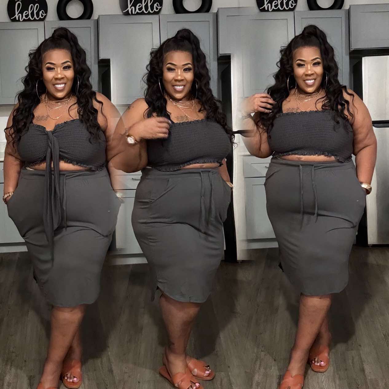 PLUS SIZE 2-PIECE SKIRT W/POCKETS & BANDAEU TOP SET-DARK GREY