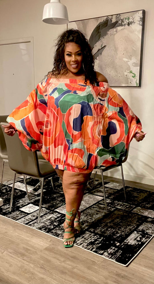 PLUS SIZE Off Shoulder Exaggerated Sleeves Bubble Dress Top-ORANGE MIX