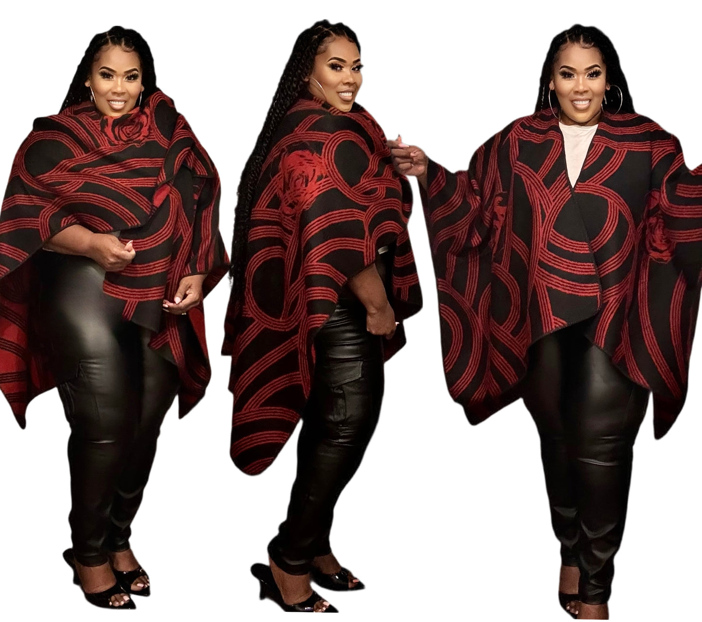 PLUS SIZE GEOMETRIC PRINT OPEN FRONT KIMONO-RED/BLACK
