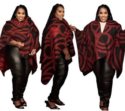 PLUS SIZE GEOMETRIC PRINT OPEN FRONT KIMONO-RED/BLACK