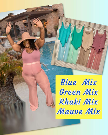 PLUS SIZE BODYSUIT &amp; MESH PANTS 2-PIECE MIX SET
