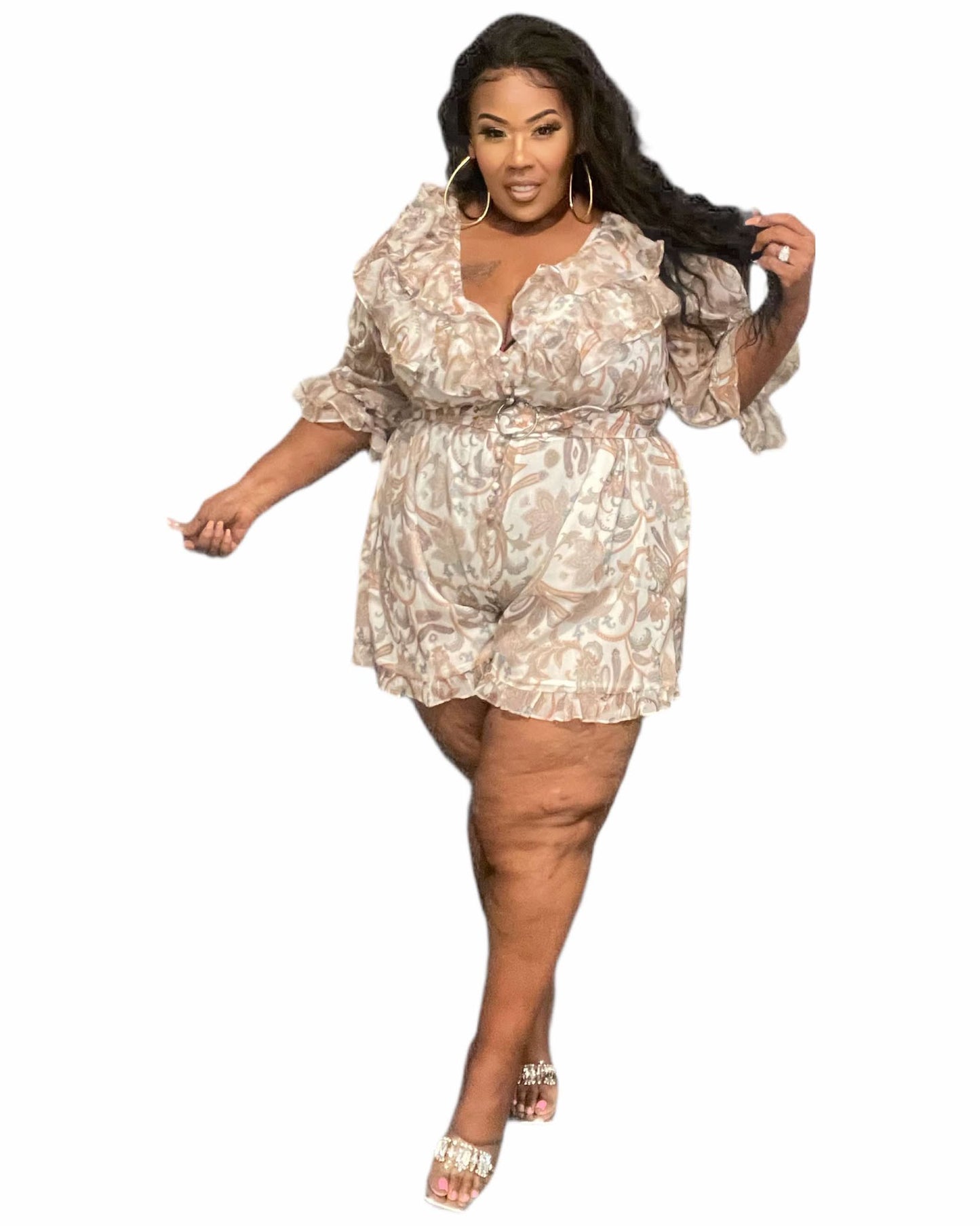PLUS SIZE PAISEY PRINTED RUFFLED SHORT ROMPER