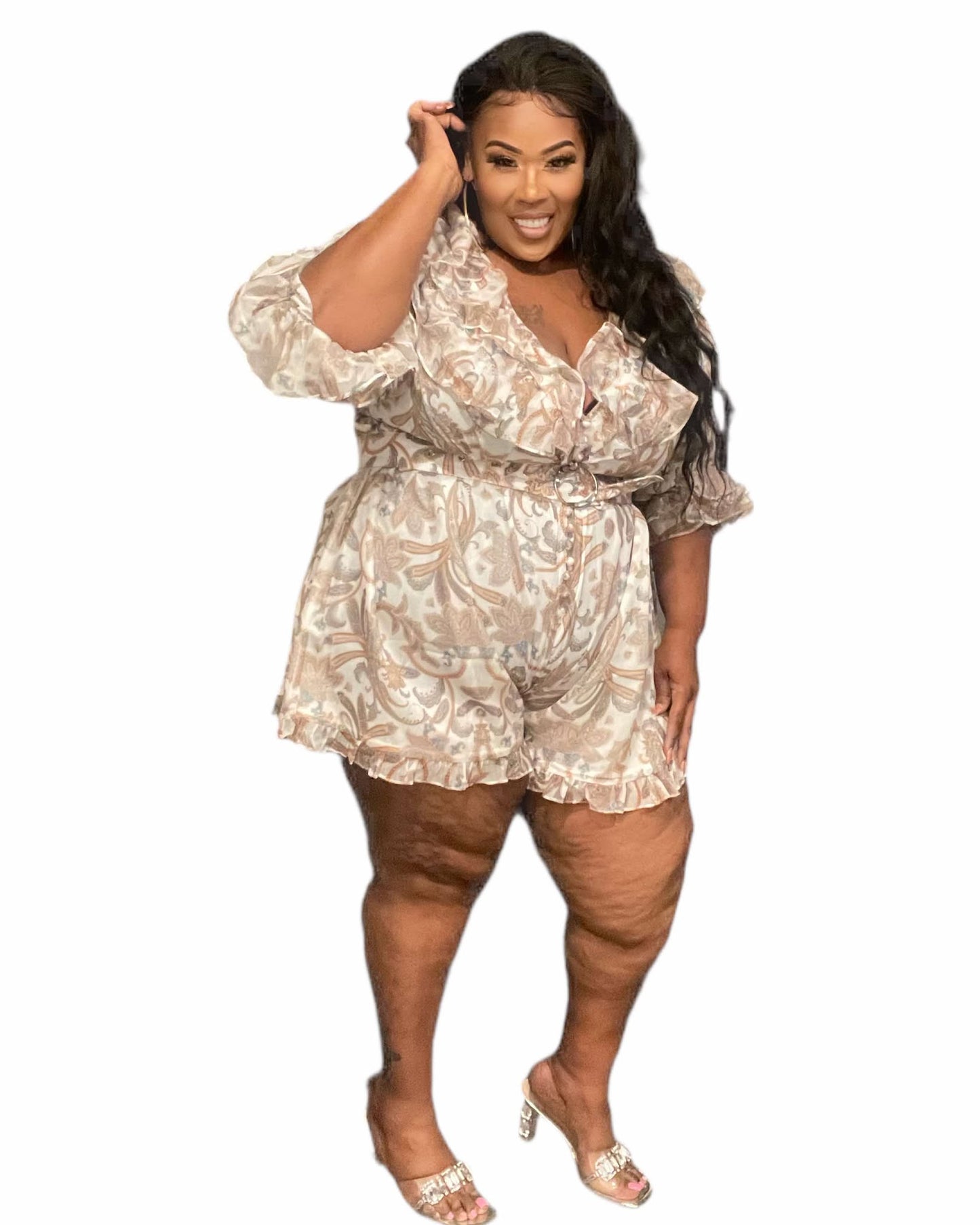 PLUS SIZE PAISEY PRINTED RUFFLED SHORT ROMPER