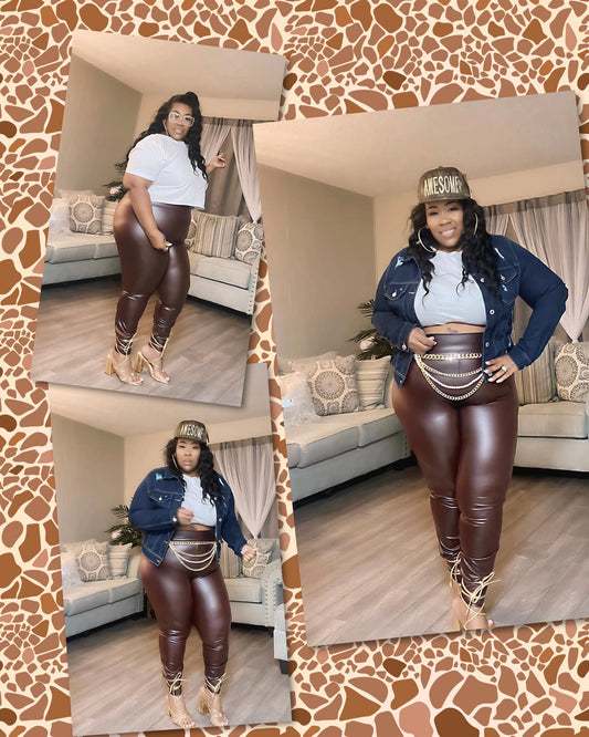 PLUS SIZE FAUX LEATHER HIGHWAIST LEGGINGS-CHOCOLATE