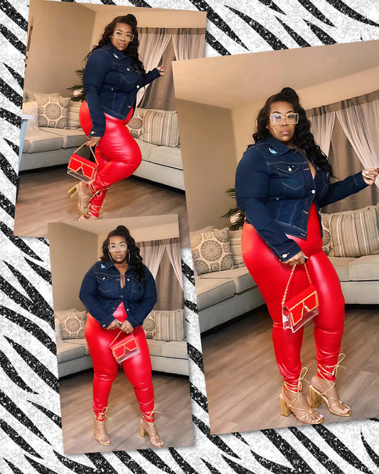 PLUS SIZE FAUX LEATHER HIGHWAIST LEGGINGS-RED