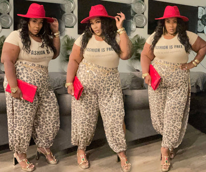 Plus leopard split side pants-BROWN (WILL SHIP 10/18)