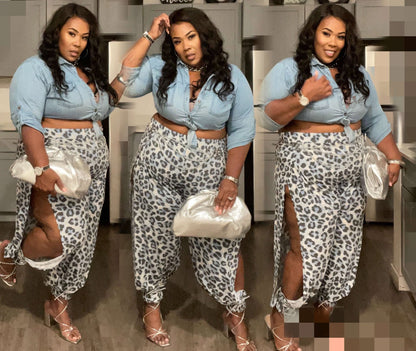 Plus leopard split side pants-BLUE