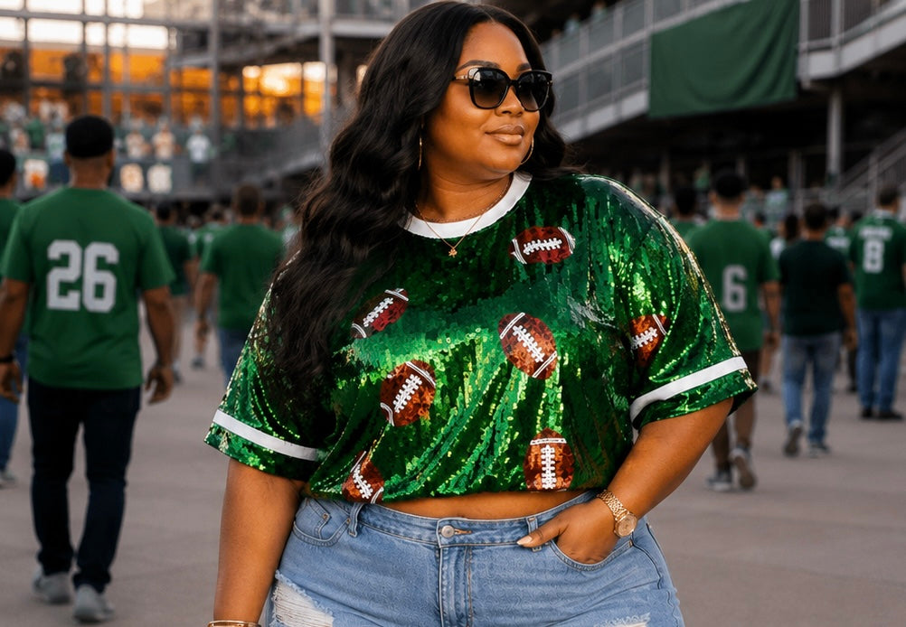 PLUS SIZE GAME-DAY SEQUIN TOP-GREEN-24