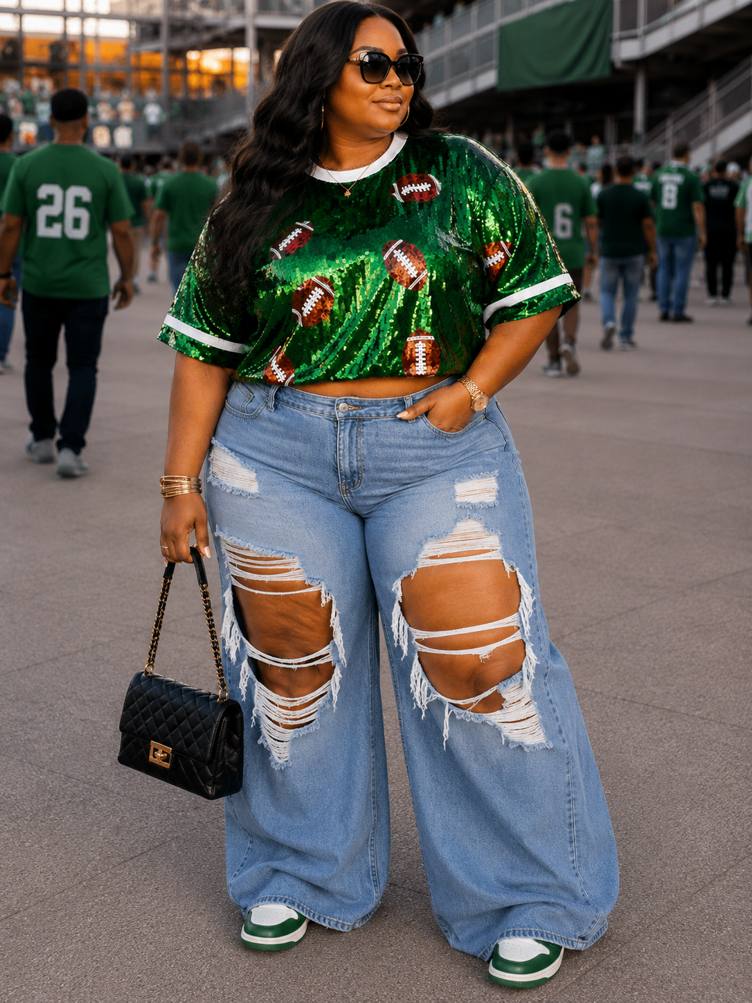 PLUS SIZE GAME-DAY SEQUIN TOP-GREEN-24