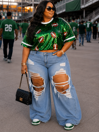 PLUS SIZE GAME-DAY SEQUIN TOP-GREEN-24