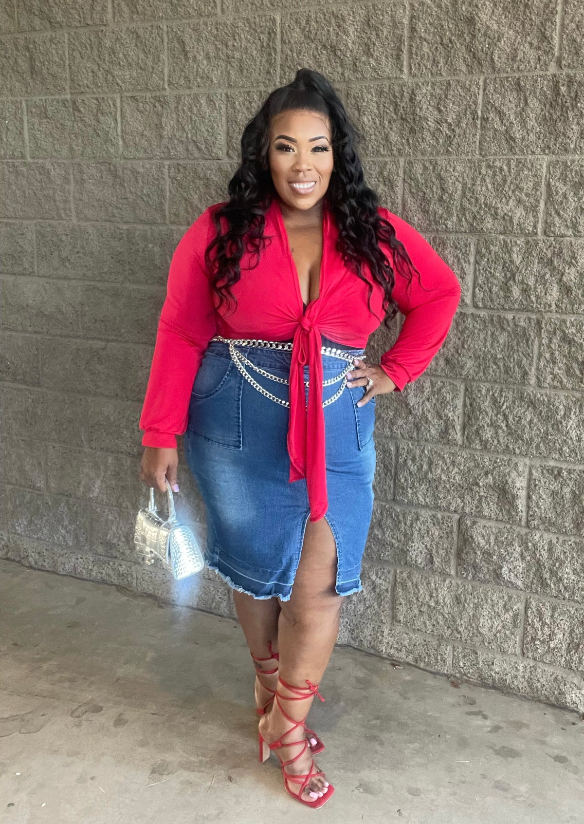 PLUS SIZE STRETCHY ZIPPER FRONT DENIM PENCIL SKIRT