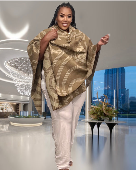 PLUS SIZE GEOMETRIC PRINT OPEN FRONT KIMONO-KHAKI