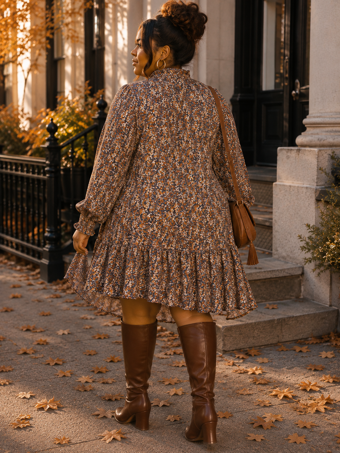 PLUS SIZE LONG SLEEVE FLORAL TIERED LOOSE FIT MINI DRESS-45