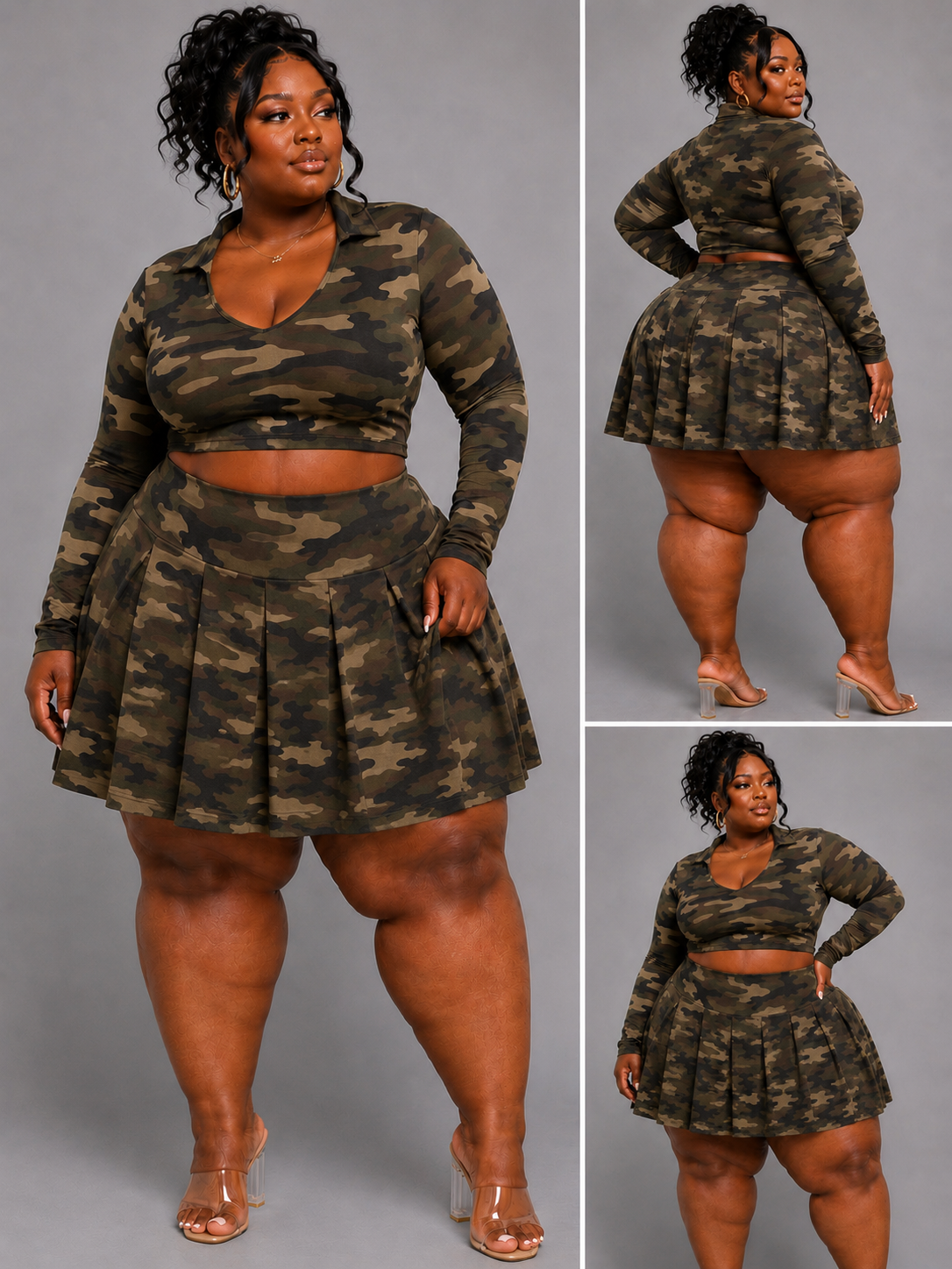 PLUS SIZE "PLEATES & PRESSURE" 2-PIECE SKIRT SET-CAMOFLAGUE