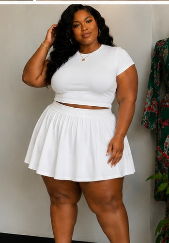 PLUS SIZE "BARELY BASIC" TENNIS SKIRT SET W/BUILT IN PANTIE-WHITE-21