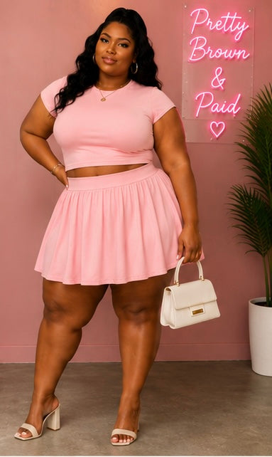 PLUS SIZE "BARELY BASIC" TENNIS SKIRT SET W/BUILT IN PANTIE-PINK-31