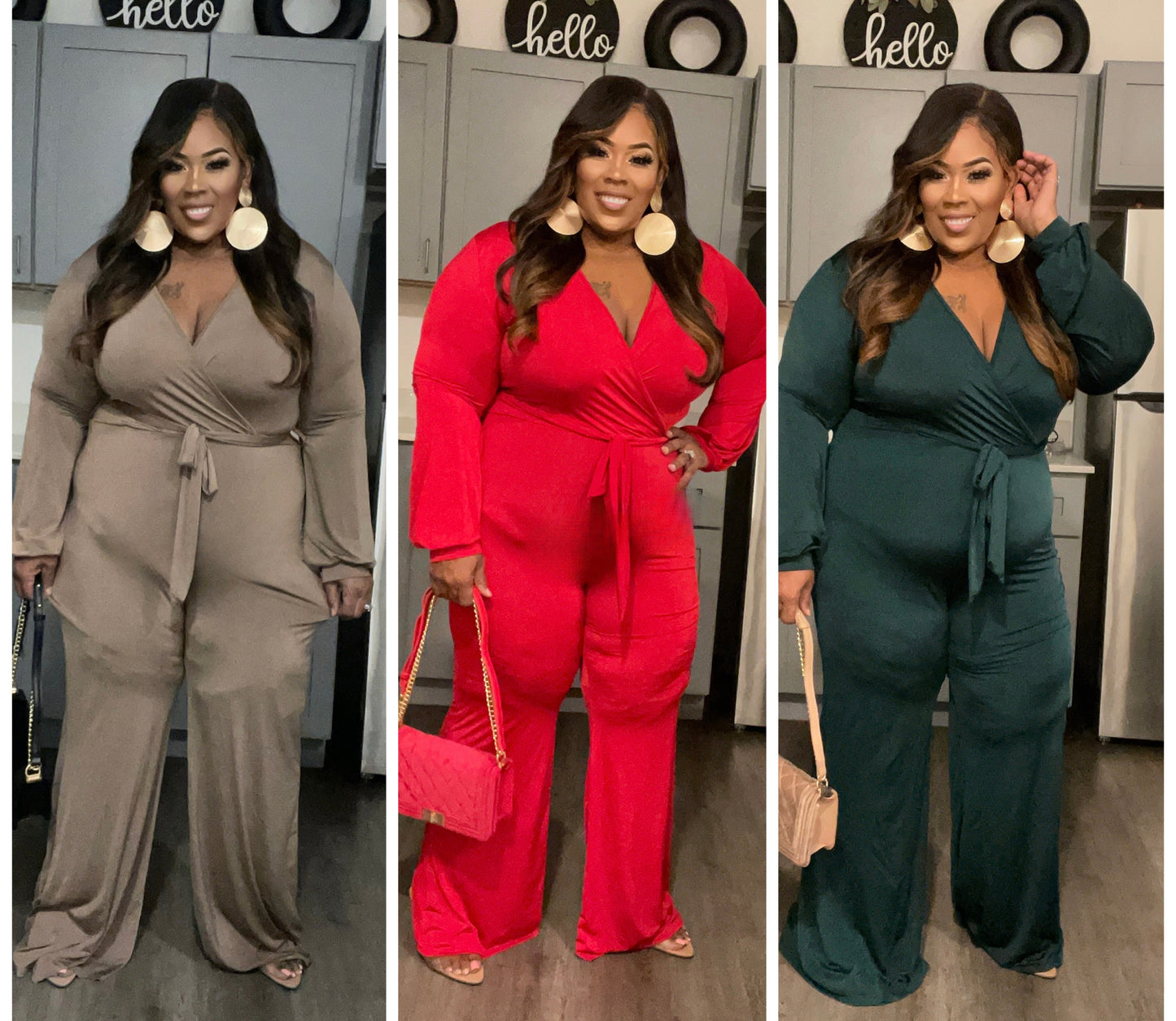 PLUS SIZE DEEP V-NECK WIDE LEG JUMPSUIT W/BELT-08