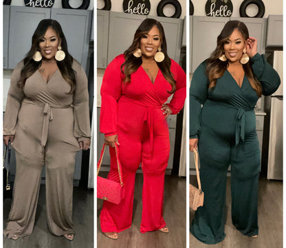 PLUS SIZE DEEP V-NECK WIDE LEG JUMPSUIT W/BELT-08