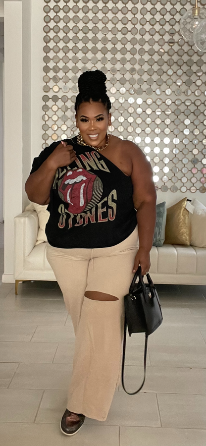PLUS SIZE WIDE LEG SLICED KNEE -POCKET PANTS-KHAKI