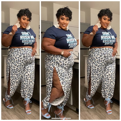 Plus leopard split side pants-BLUE