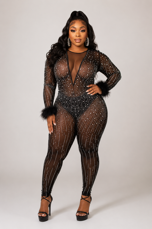TURNING HEADS MESH RHINESTONE JUMPSUIT-SL13