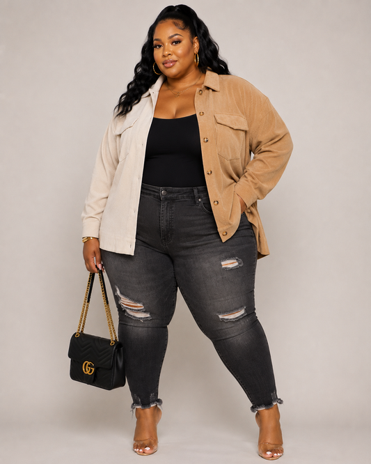 PLUS SIZE LONG SLEEVE BUTTON UP COLORBLOCK CORDUROY SHIRT