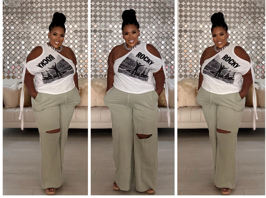PLUS SIZE WIDE LEG SLICED KNEE -POCKET PANTS-SAGE