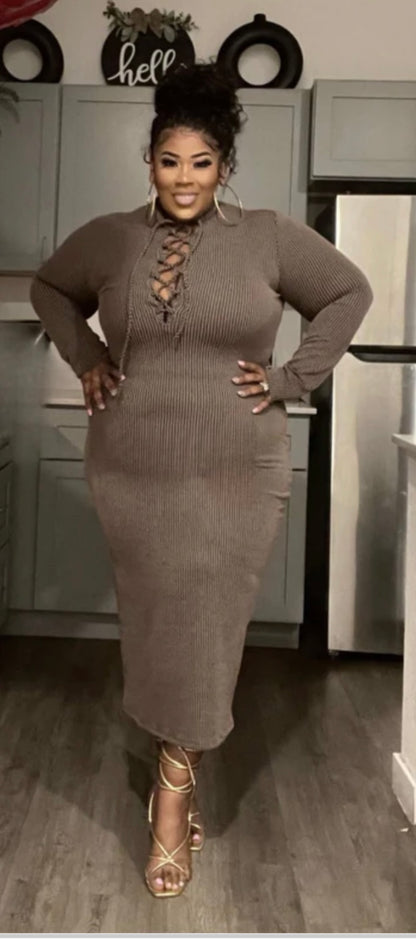 PLUS SIZE RIBBED CAGED TIE LONG SLEEVE BODYCON DRESS-08