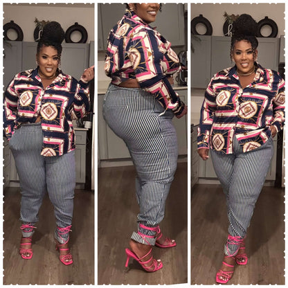PLUS SIZE STRIPED PAPERBAG DENIM PANTS