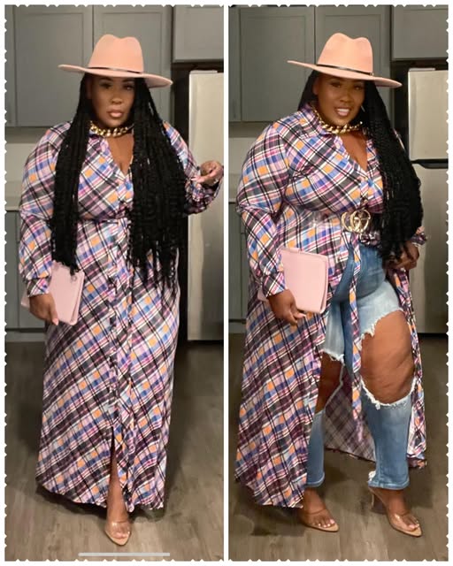 PLUS SIZE PLAID BUTTON UP MAXI DRESS-PINK MIX