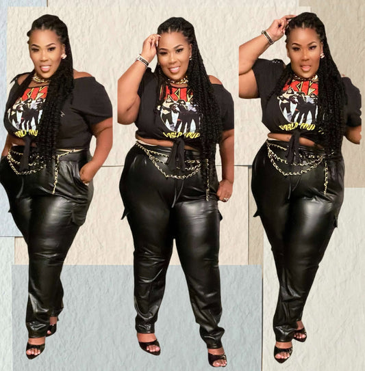 PLUS SIZE FAUX LETTER CARGO STRETCHY JOGGERS w/POCKETS