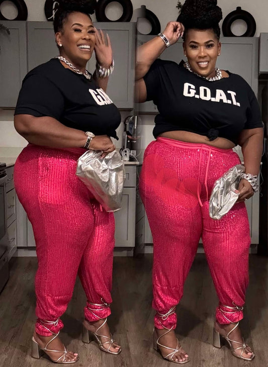 PLUS SIZE ELASTIC WAIST FRONT POCKETS JOGGER SEQUINS PANTS -FUSCHIA