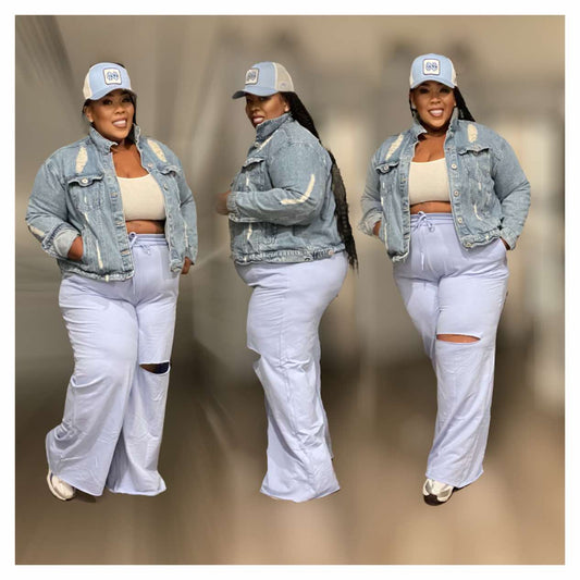 PLUS SIZE WIDE LEG SLICED KNEE -POCKET PANTS