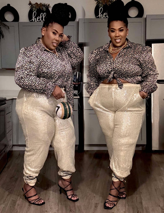 PLUS SIZE ELASTIC WAIST FRONT POCKETS JOGGER SEQUINS PANTS -LT. GOLD
