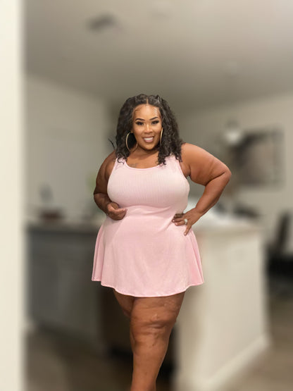 PLUS SIZE RIBBED FLARE MINI DRESS-BABY PINK