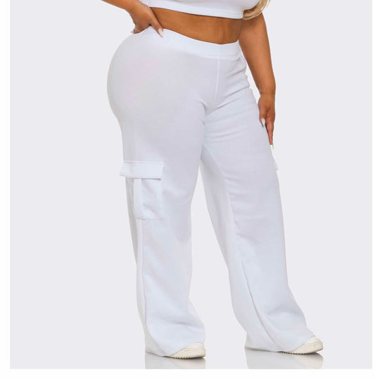 PLUS SIZE WHITE PULL-ON CARGO PANTS